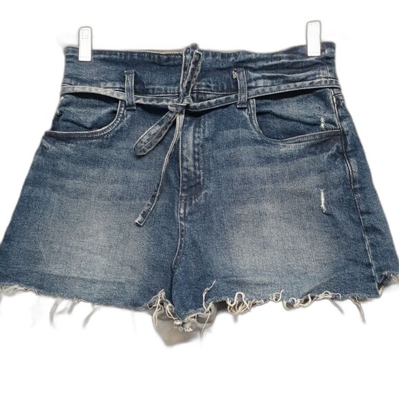Kut from the Kloth Size 8 High Rise Denim Shorts Juniper Belt Raw Hem Distressed - Picture 1 of 8